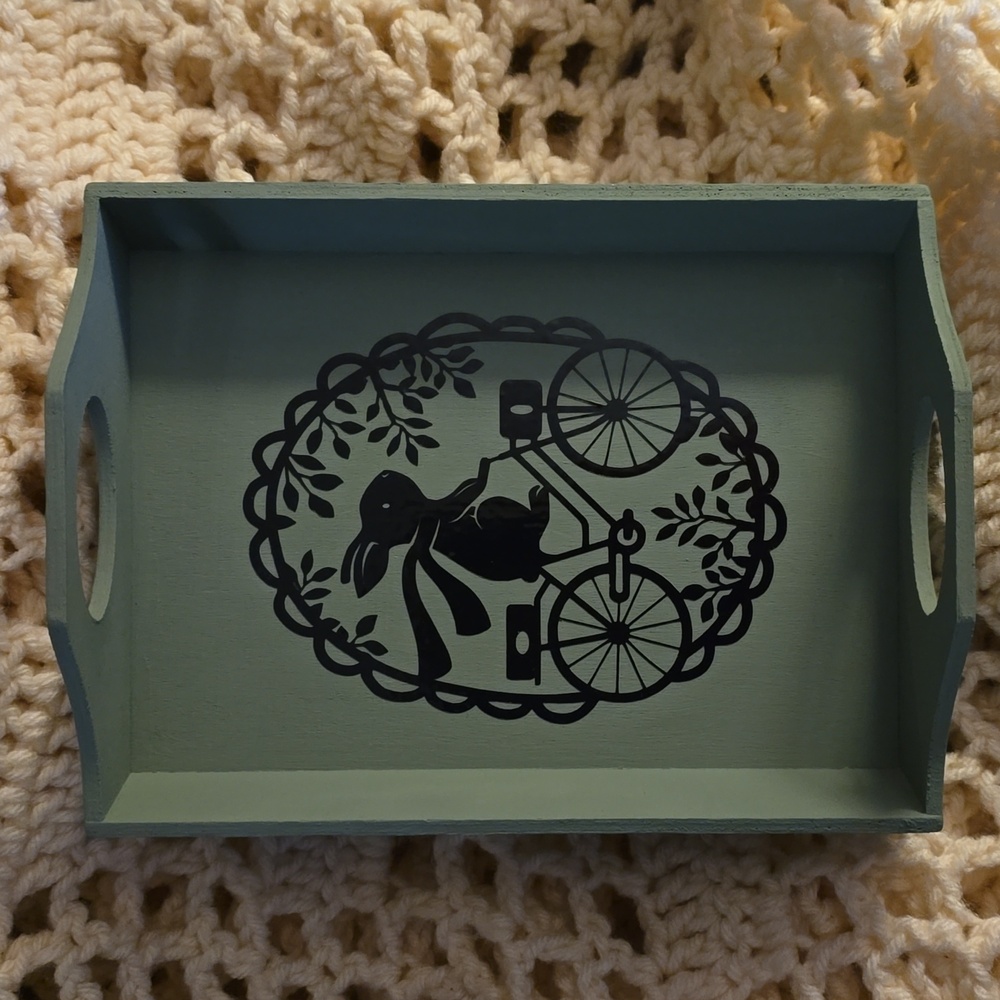 Easter Wooden Tray With Handles Graphic Rabbit On Bicycle - Picture 2 of 6